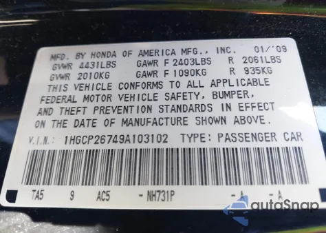 2009 Honda Accord 2.4 Ex from USA, damaged, VIN 1HGCP26749A103102